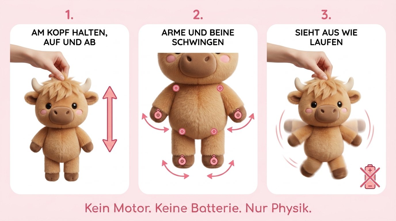 In drei Schritten erklärt: den Buddy am Kopf halten und auf und ab bewegen, die beschwerten Hinterbeine schwingen am Gelenk mit, das sieht aus wie Laufen — ohne Motor und ohne Batterie